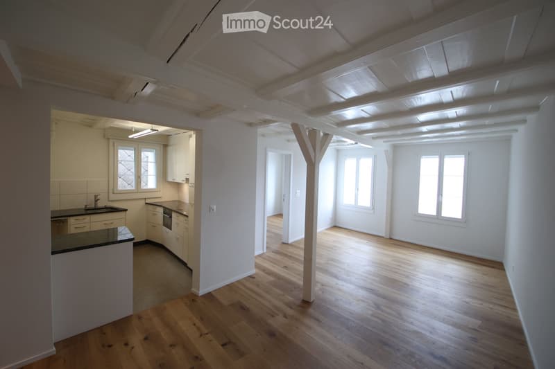 Open-plan space with a modern kitchen area featuring white cabinets, a black countertop, and stainless steel appliances, connected to a large living area with wooden flooring and large windows.