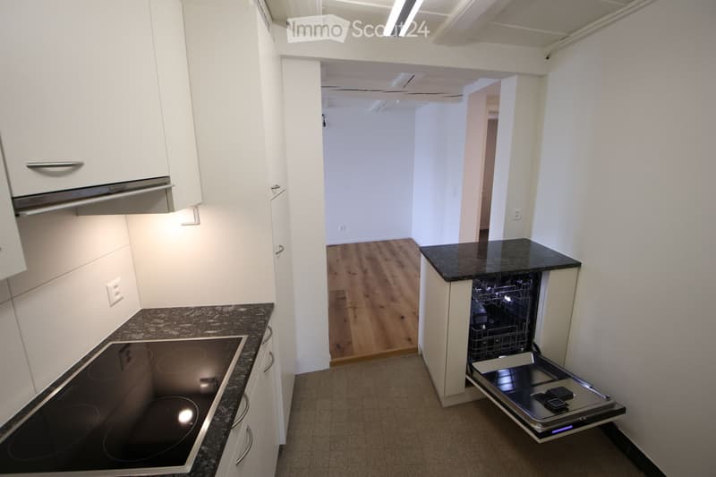 Modern kitchen with white cabinets, granite countertops, and an induction stove. An open dishwasher is visible, and the space leads to a hallway with wooden flooring.