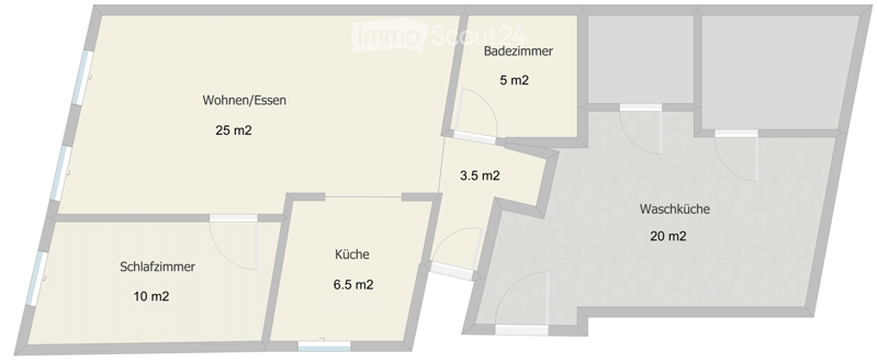 Floor plan showing a 25 m2 living/dining area,10 m2 bedroom, 6.5 m2 kitchen, 5 m2 bathroom, and 20 m2 laundry room.