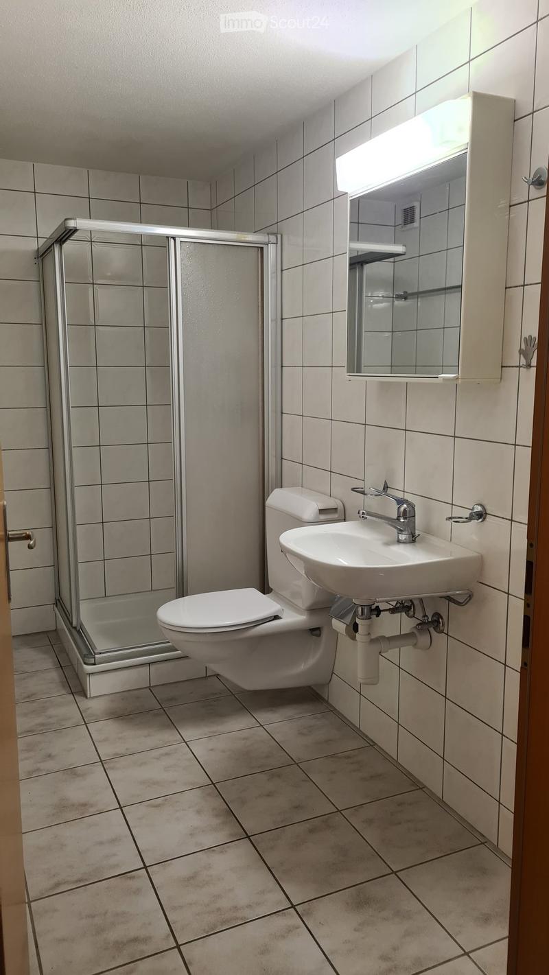 Modern bathroom with white tiles, a toilet, a sink with a faucet, a mirror, and a glass-enclosed shower.