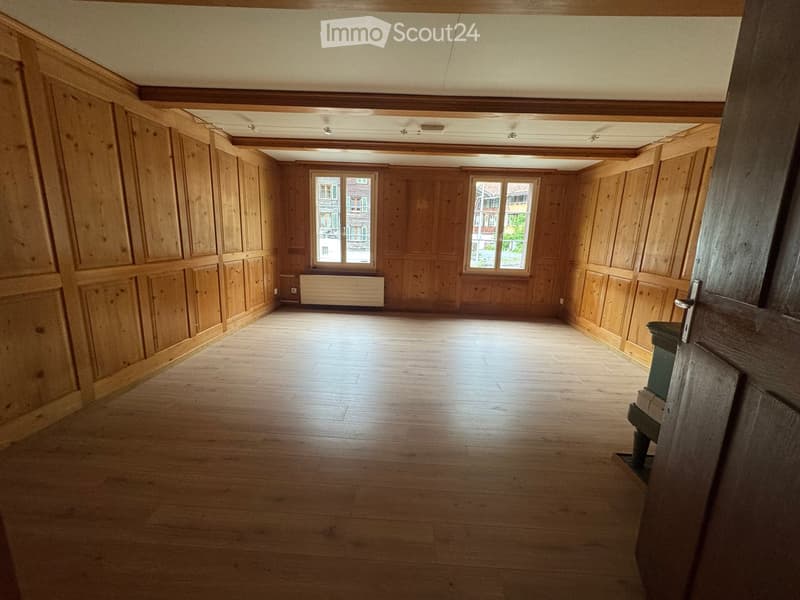 Empty room with wooden walls and floor, two windows, radiator, and a small green object near the door.