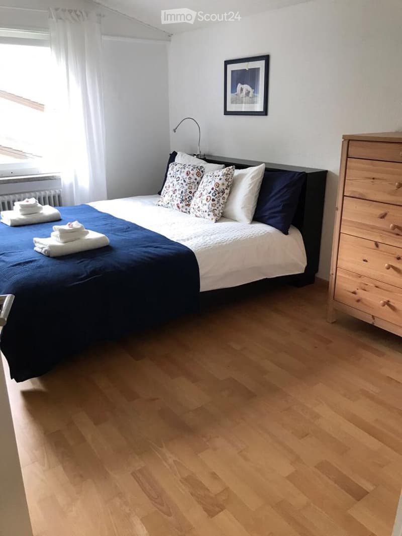 Cozy bedroom with a wooden floor, a neatly made bed with blue and white bedding, decorative pillows, a nightstand with a lamp, a chest of drawers, and a framed picture on the wall.