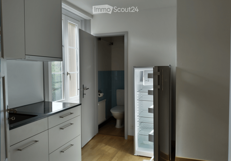 Modern kitchen with white cabinets, a black countertop, and an open refrigerator. A doorway leads to a small bathroom with a toilet and radiator.