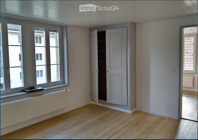 Empty room with wooden flooring, white walls, large windows, radiator, and a built-in closet with open doors.
