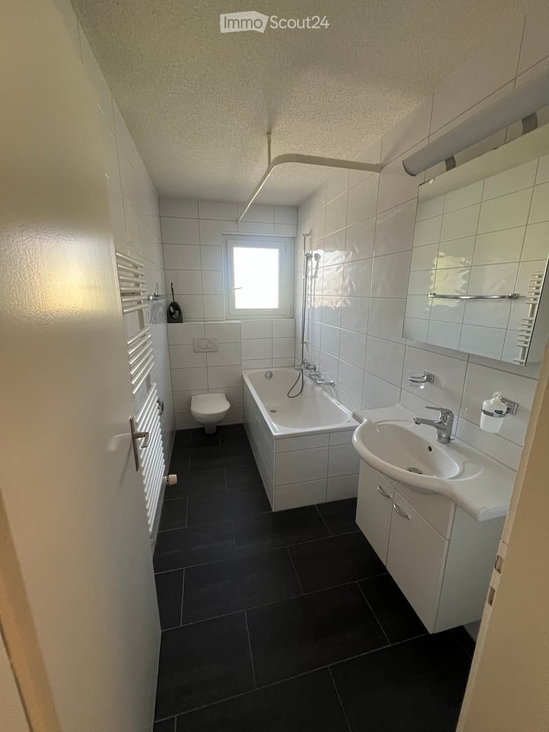 Modern bathroom with dark tiled floor, white tiled walls, bathtub, sink, toilet, radiator, and mirror.