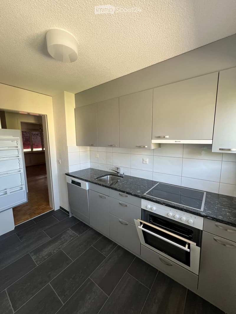 Modern kitchen with white cabinets, granite countertop, stainless steel appliances including a refrigerator, dishwasher, oven, and induction cooktop, and a sink.