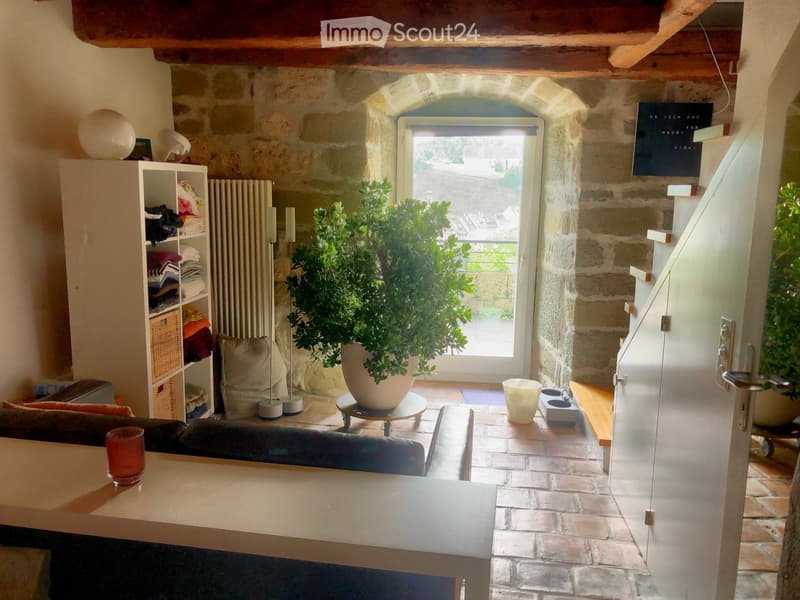 Living room with exposed stone walls, wooden ceiling beams, and a large window with a view. Features a sofa, coffee table, potted plant, shelf with folded clothes, and a radiator.