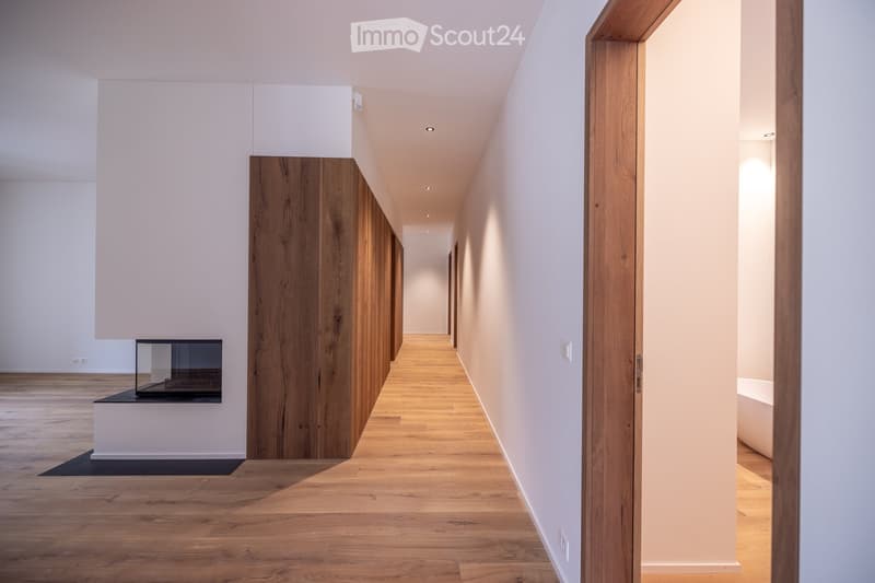 Modern hallway with light wooden flooring, white walls, recessed lighting, and a small built-in display case on the left side.