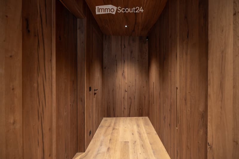 A narrow wooden hallway with polished wooden walls and ceiling, featuring recessed lighting and subtle wood grain patterns.
