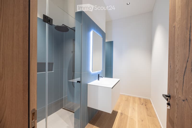 Modern bathroom with a white sink, sleek faucet, large mirror, and a glass-enclosed shower with a modern showerhead.