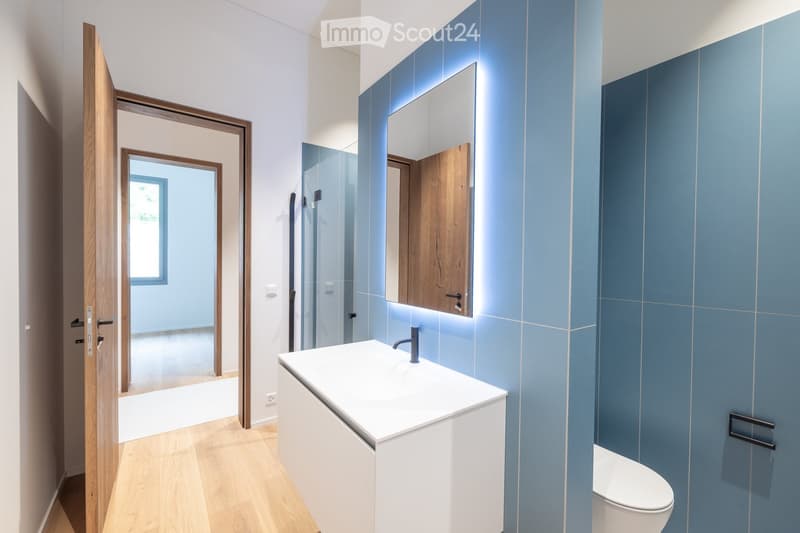 Modern bathroom with blue tiled walls, white sink, mirror, and toilet. Wooden flooring and open doorway leading to another room.