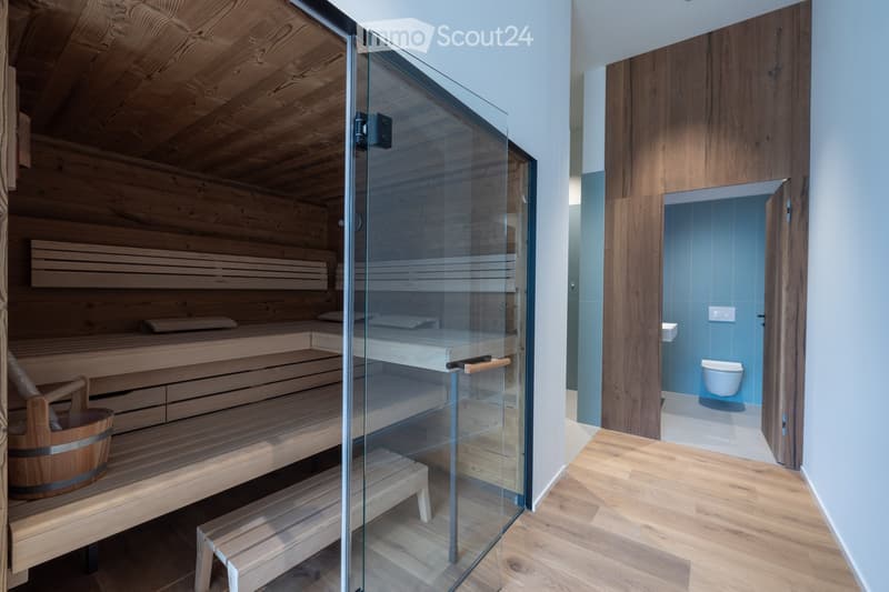 Modern bathroom with a sauna area featuring wooden benches and a glass door, and a separate toilet area with blue tiles.