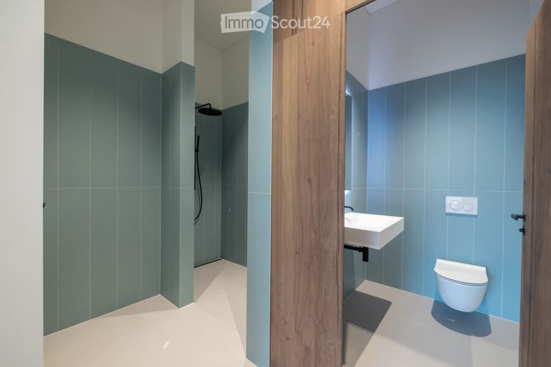 Modern bathroom with a white sink, toilet, and shower area. The walls are tiled in blue and green, and the floor is white tiled.
