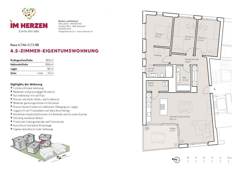 Floor plan of a 4.5-room apartment with132.4 m² gross floor area, 109.4 m² net living area, and a 11.2 m² loggia. Includes three bedrooms, a bathroom, a kitchen, a living/dining area, a hallway, a closet, and a laundry/utility room.