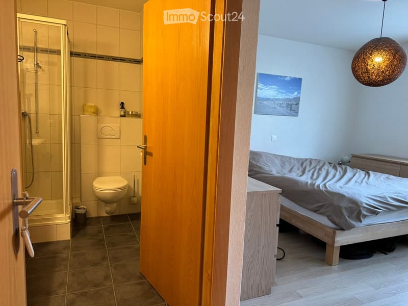 Cozy bedroom with a wooden bed, nightstand, and a pendant light. An adjacent bathroom features a shower, toilet, and tiled walls.