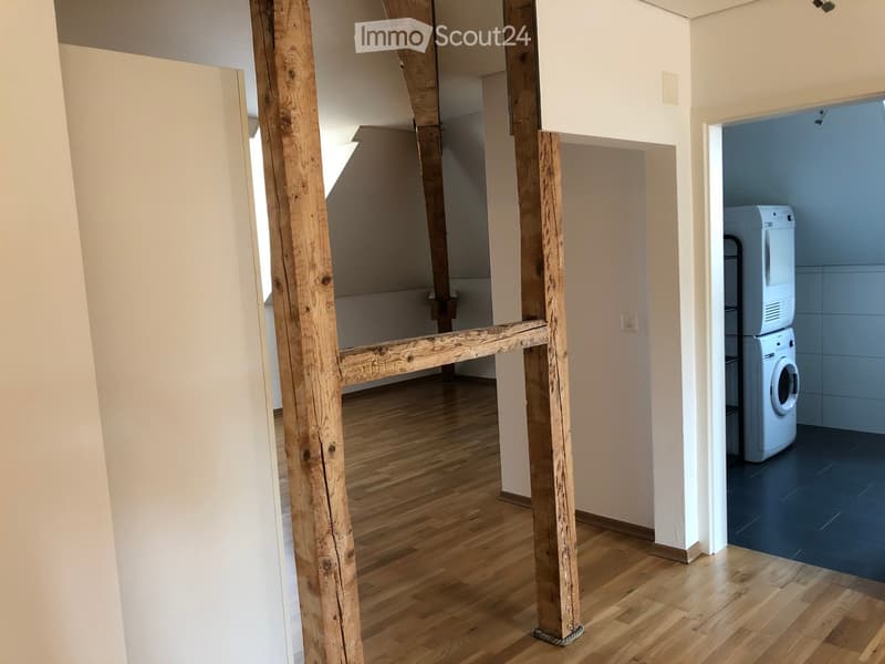 A narrow hallway with wooden flooring and exposed wooden beams, leading to a room with a private washing machine and dryer.