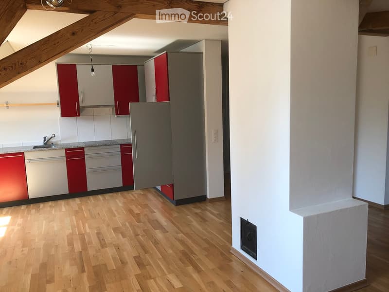 Modern kitchen with red and grey cabinets, wooden flooring, and a stainless steel sink.