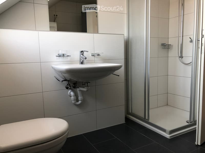 Modern bathroom with a toilet, sink, and glass-enclosed shower. The sink has a modern faucet and is mounted on a tiled wall. The shower area is enclosed with a glass door and has a built-in shelf.