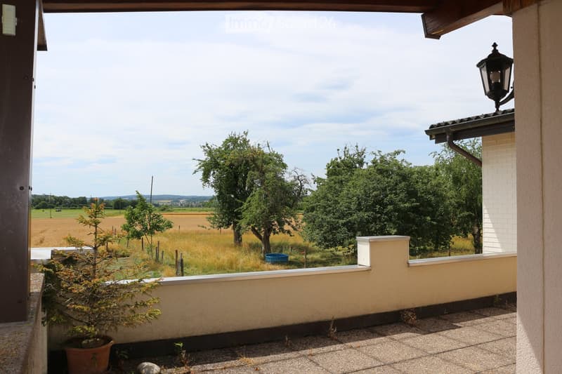 Balcony with a view of a rural landscape, featuring a low wall, potted plant, and a lantern-style light fixture.