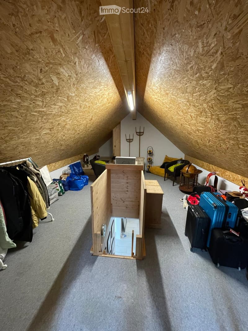 Attic room with sloped wooden ceilings, carpeted floor, and various items including a chair, small table, globe, suitcases, clothing rack, and mirror.