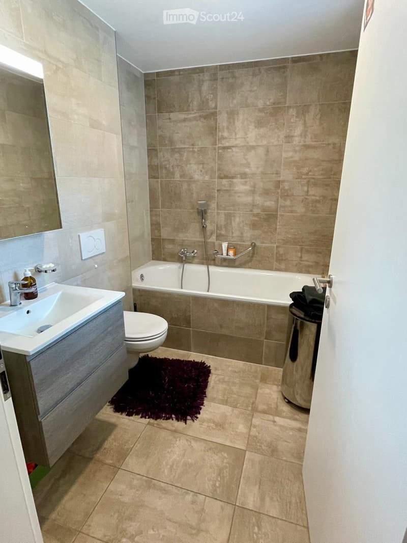 Modern bathroom with beige tiles, a white sink with a chrome faucet, a toilet, a bathtub with a handheld shower, a mirror, and a dark-colored rug on the floor.