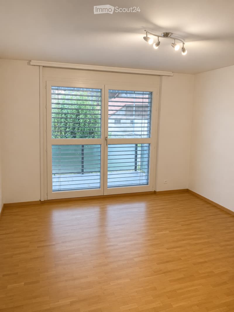 Empty room with wooden flooring, large sliding glass doors with blinds, and a ceiling light fixture.