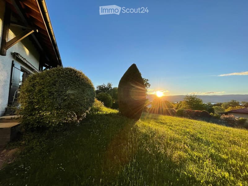 A serene garden area with a well-maintained lawn, large spherical topiaries, and a view of the sun setting over a distant landscape.