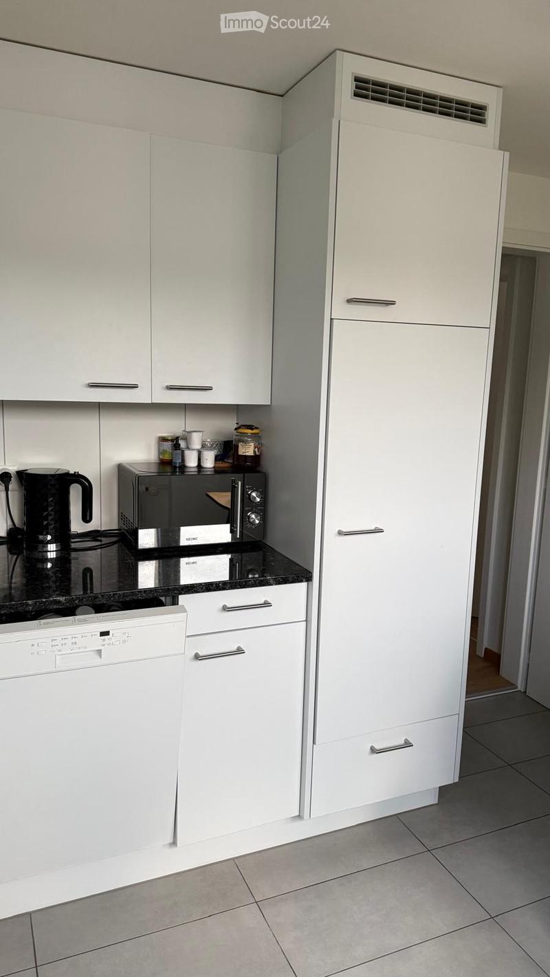 Modern kitchen with white cabinets, a black countertop, and stainless steel appliances including a refrigerator, dishwasher, microwave, and coffee maker. Several small items like cups and jars are placed on the countertop.