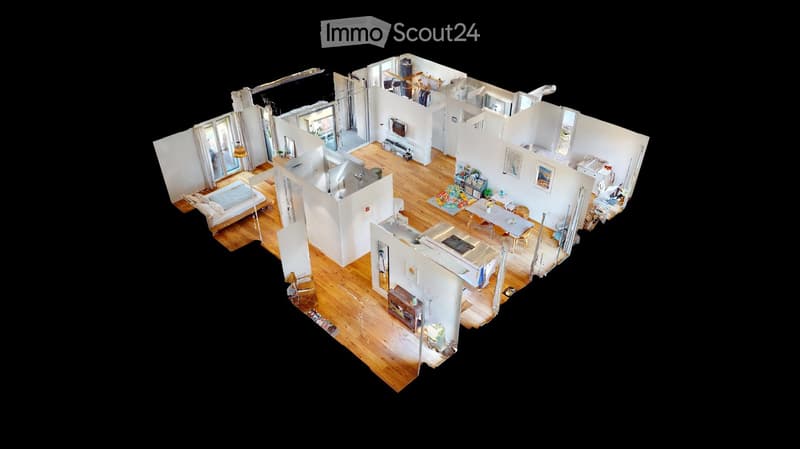 3D floor plan of a modern apartment with open-plan living and dining areas, separate bedroom, kitchen, and bathroom. Features large windows, wooden flooring, and contemporary design.