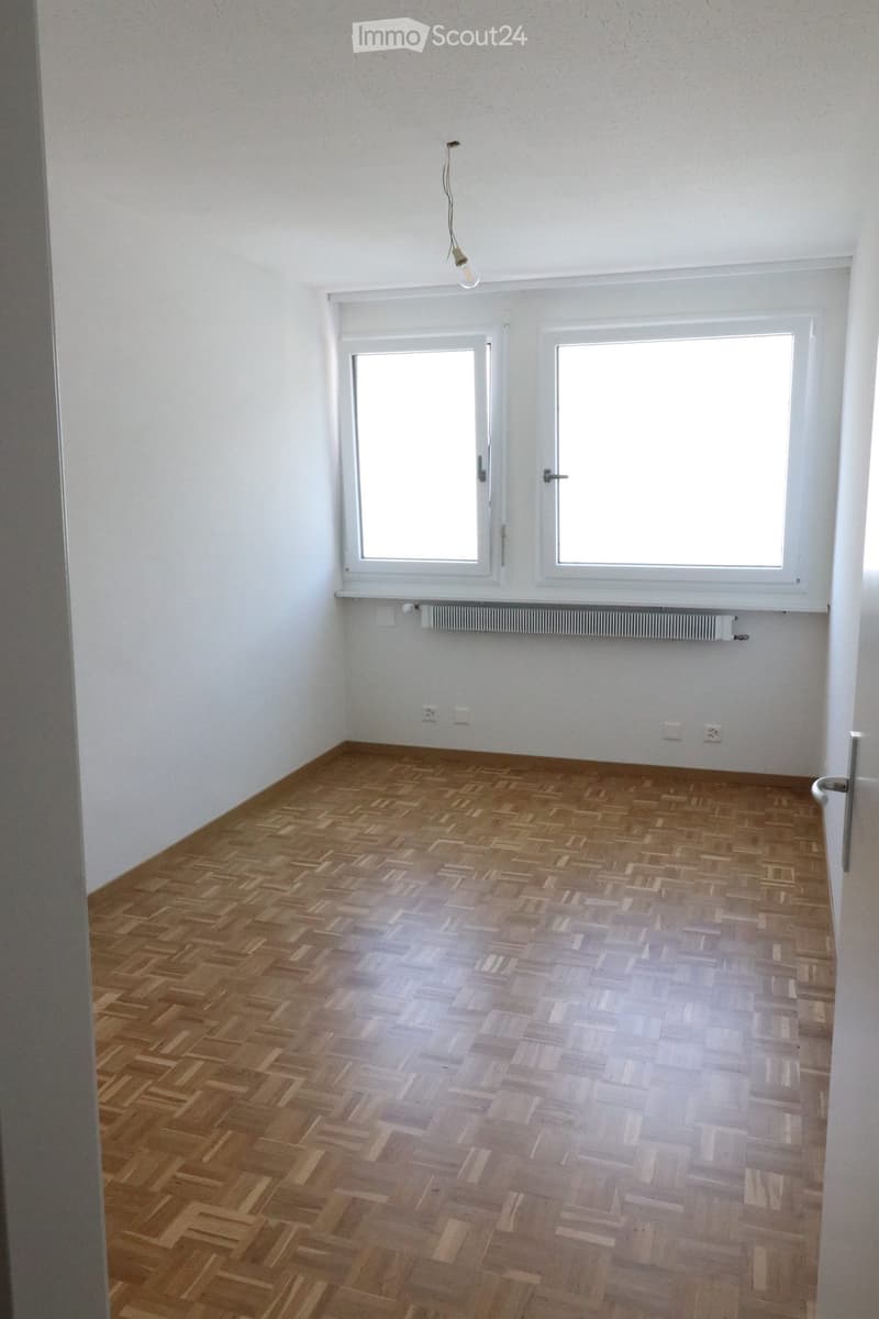 Empty room with wooden herringbone flooring, white walls, two windows, and a radiator below them.