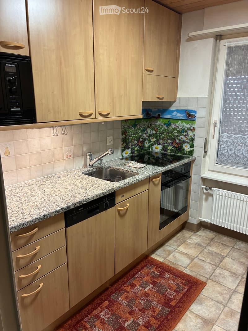 Compact kitchen with light wooden cabinets, granite countertop, sink, faucet, oven, dishwasher, microwave, and a decorative backsplash with a floral and butterfly design.