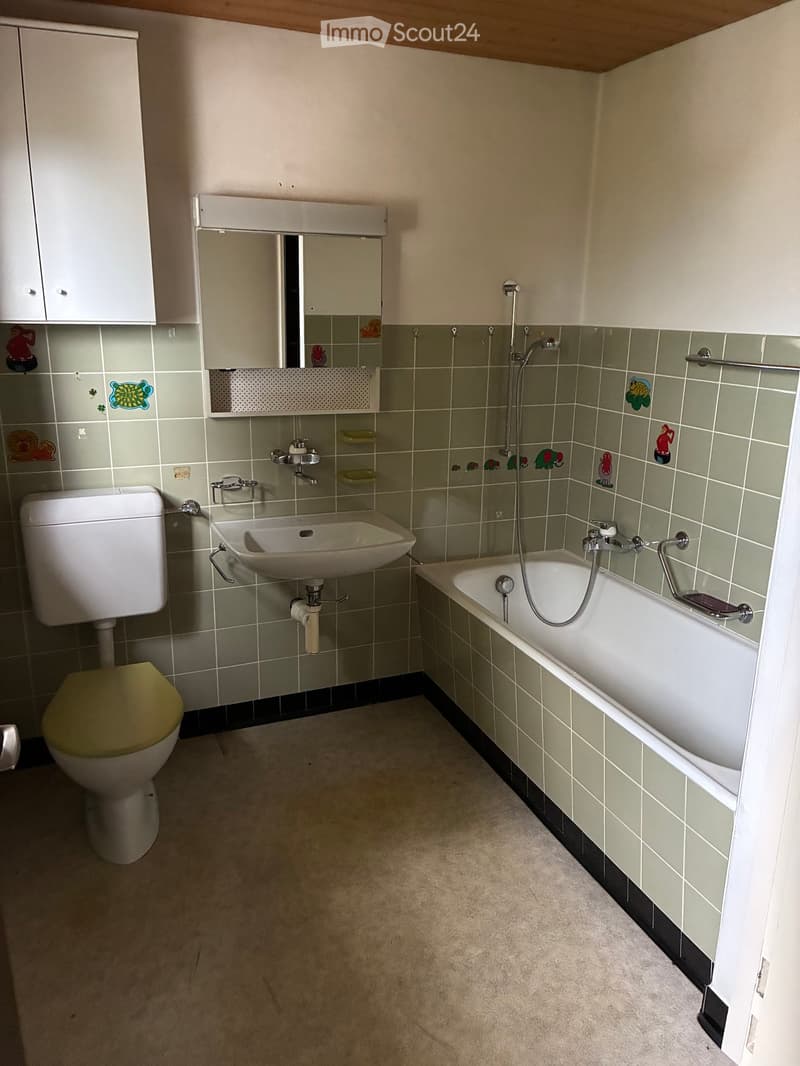 Bathroom with a toilet, sink, bathtub, mirror, and cabinet. Green tiled walls with decorative tiles and a beige carpeted floor.
