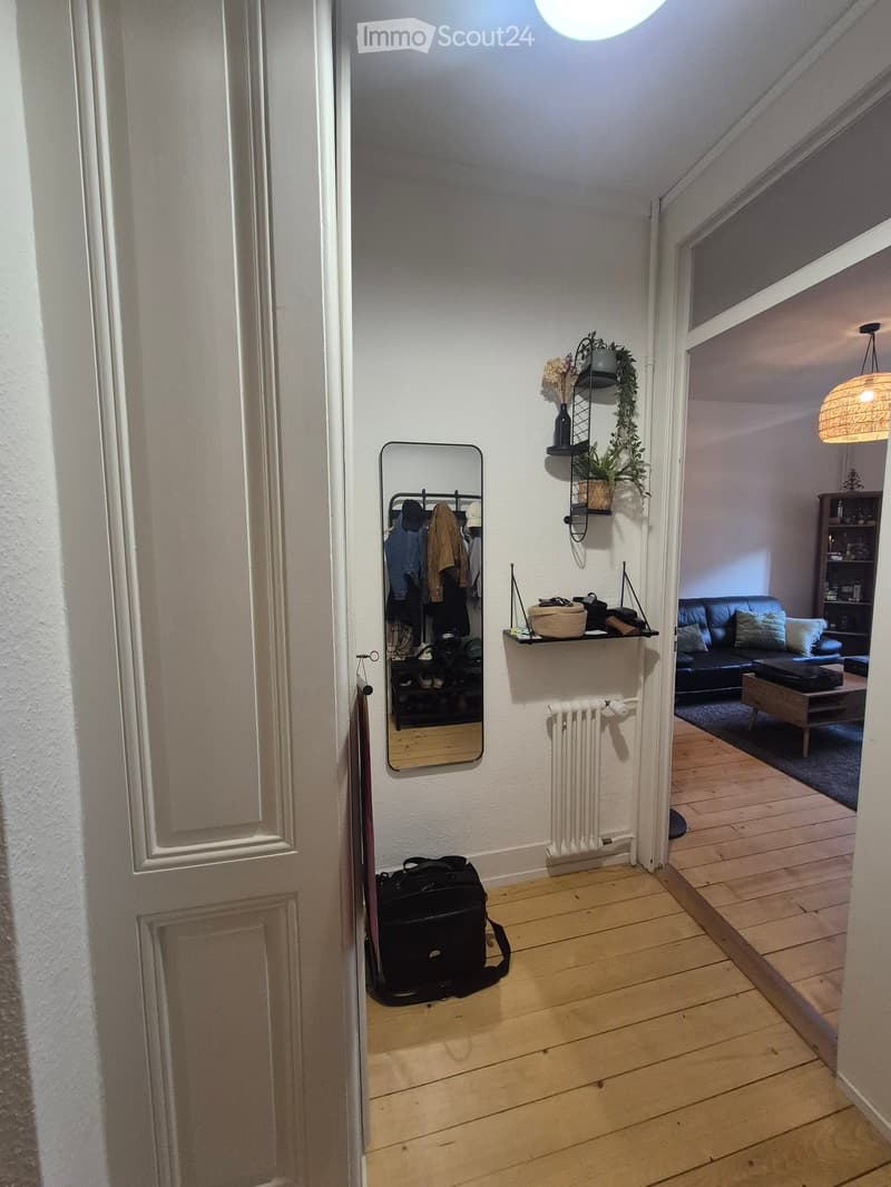 A narrow hallway with wooden flooring, white walls, and a radiator. A black suitcase is placed on the floor near the door. A mirror and coat rack are visible on the left wall, and a small shelf with plants and decorative items is on the right wall. The ha