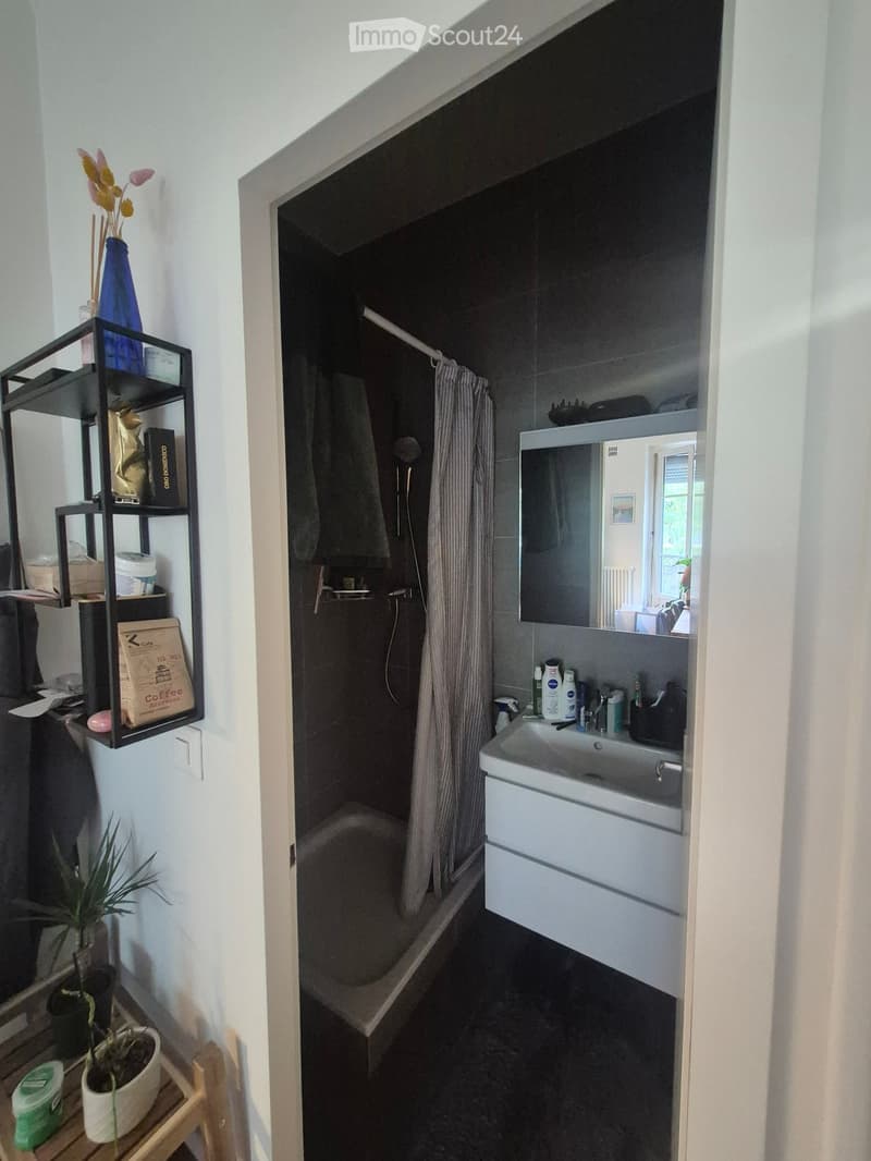 Modern bathroom with a white sink, mirror, dark tiled bathtub, and a shelf with various items including a vase and coffee bag.