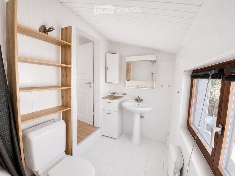 Modern bathroom with white tiles, a toilet, a sink, a mirror, a cabinet, and wooden shelves.