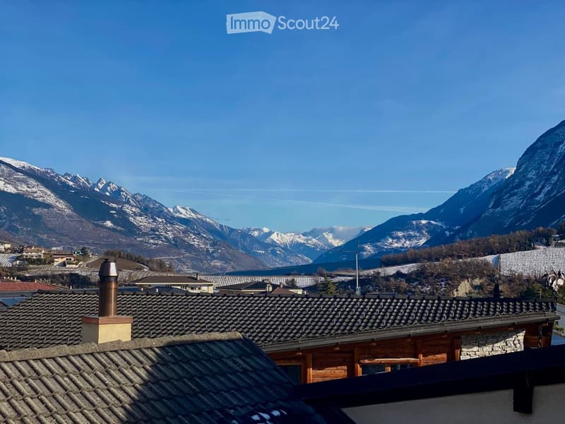 Roof of a house with a chimney, surrounded by other houses and snow-capped mountains in the background.