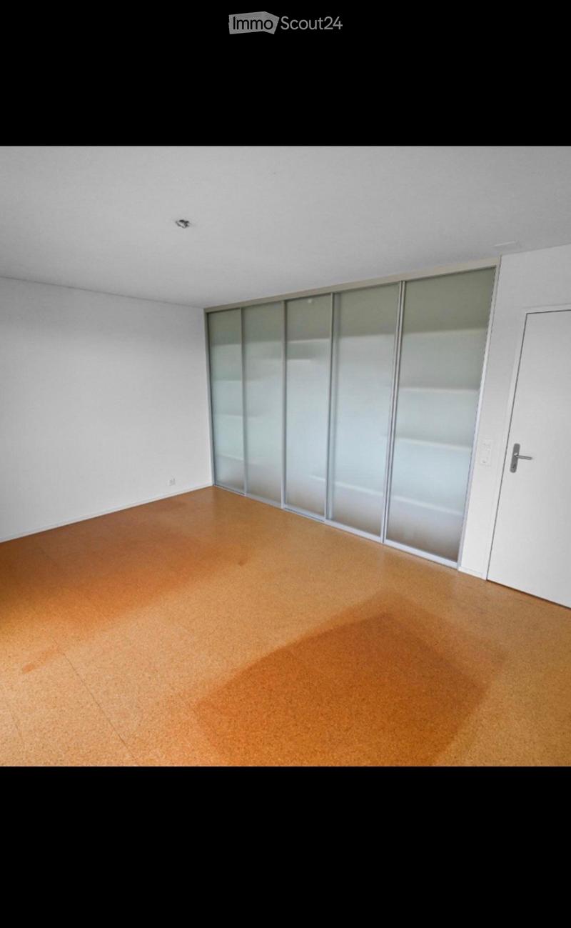 Empty room with light-colored walls, wooden floor, and a sliding glass door leading to another space.