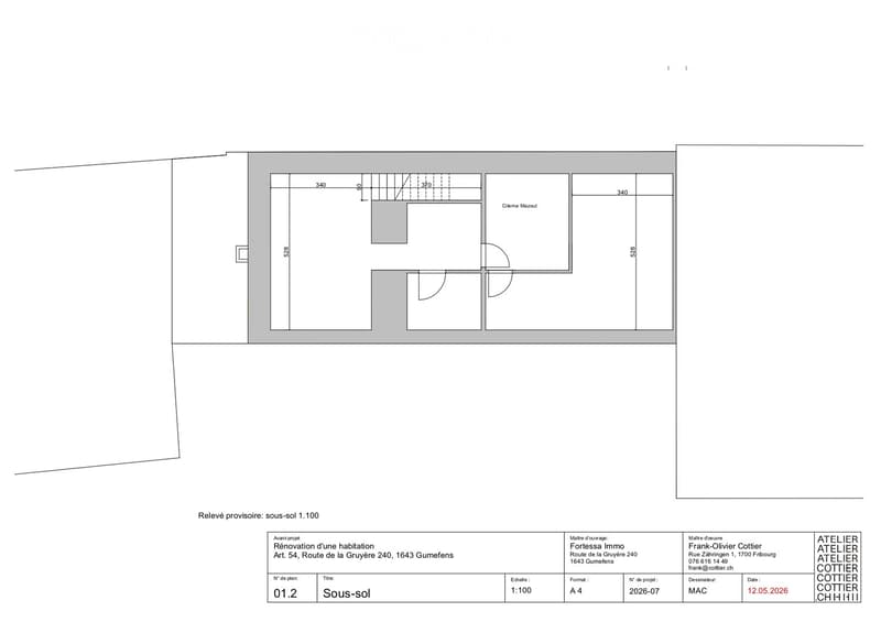 Floor plan of a basement level showing rooms and dimensions, including a large open space, smaller rooms, and a staircase leading upwards.