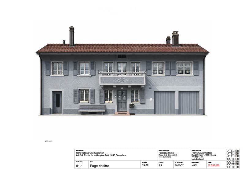 Two-story residential building with grey facade, multiple windows with shutters, central balcony, and two garage doors on the ground floor.
