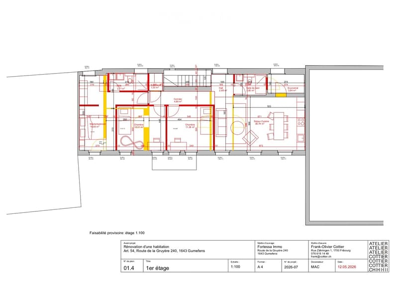 Floor plan of a residential renovation project on the first floor, showing rooms including a master bedroom, living room, kitchen, bathrooms, and corridors.