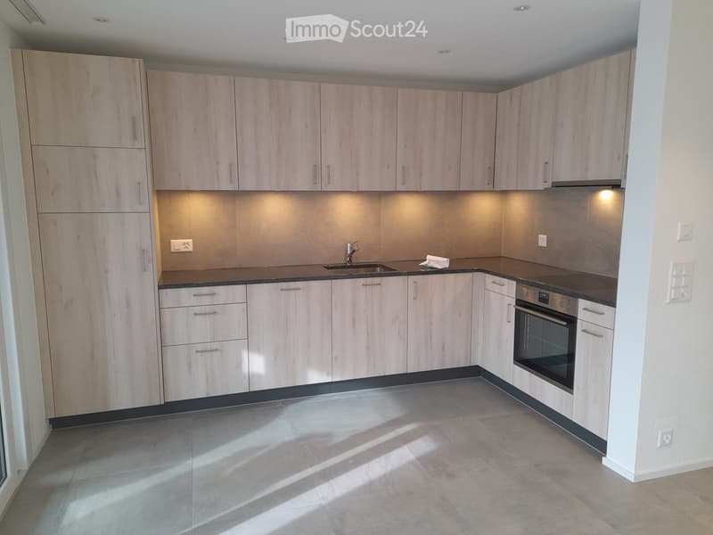 Modern kitchen with light wood cabinets, stainless steel sink, and built-in oven. The space is clean and well-lit with recessed lighting.