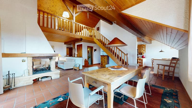 dining room with fireplace, wooden floor, dining table, wooden chairs, wooden ceiling, wooden cabinets