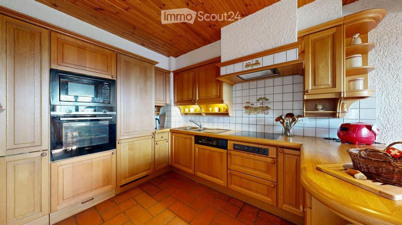 modern kitchen, wooden cabinets, appliances, sink, countertop, red tiled floor