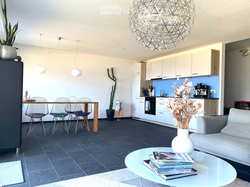Open-plan living and dining area with a modern aesthetic. Features a grey sofa, glass coffee table with magazines, dining table with four chairs, kitchen area with white cabinets and stainless steel appliances, and decorative plants.