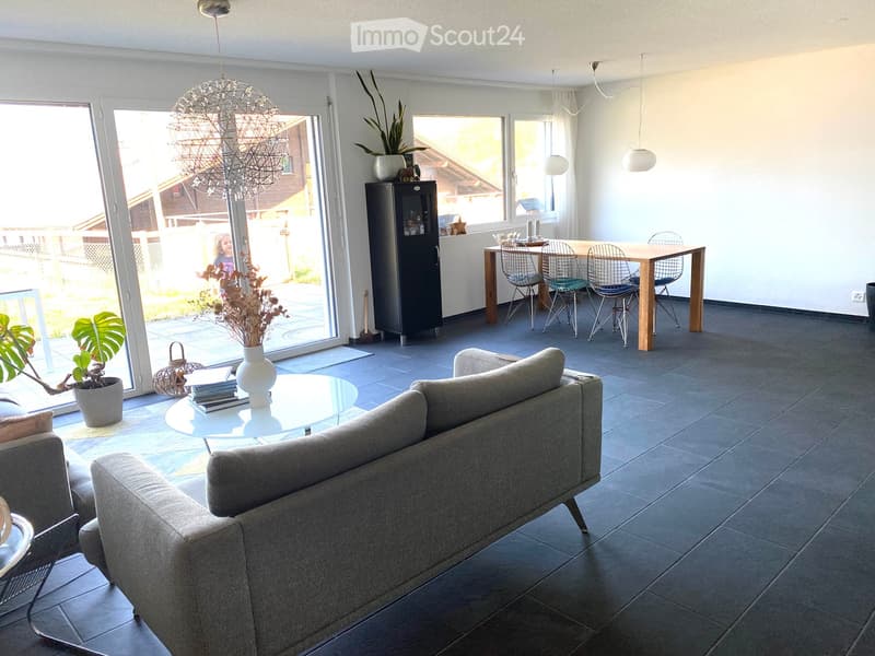 Modern living and dining area with grey sofa, coffee table, dining table with chairs, cabinet, and decorative plants.