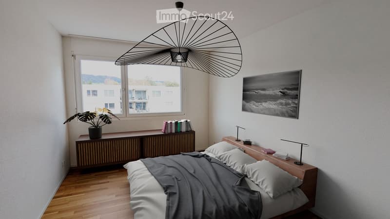 Large bed, two nightstands, a nightstand shelf, a table with a plant, a framed artwork, a hanging lamp, white walls and wooden floor
