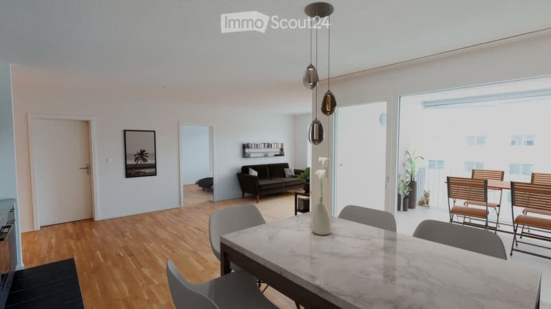 Dining room, large windows, glass doors, wooden floors, marble table, chairs, couch, plants, picture frame, lamps