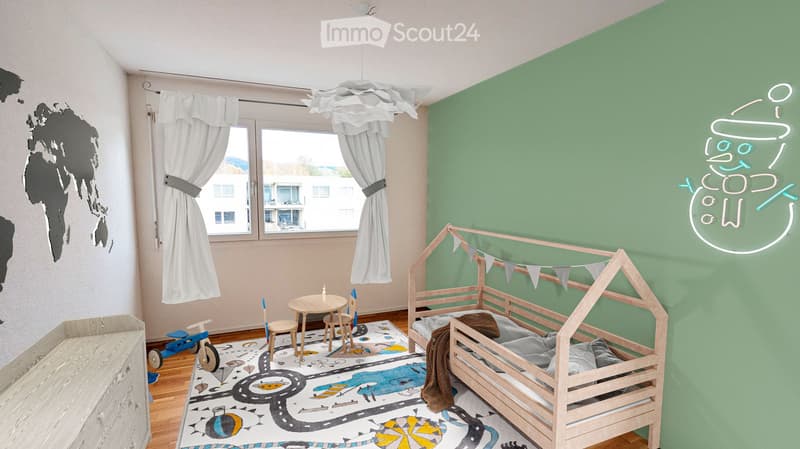 wooden crib bed, small table and chairs, play rug, toy tricycle, map mural on wall, hanging lamp