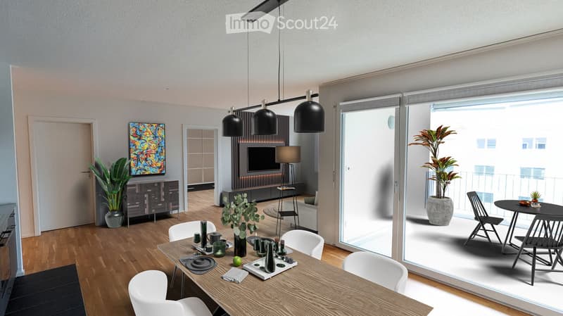 Dining room, large windows with balcony access, round table, modern art, TV and entertainment center