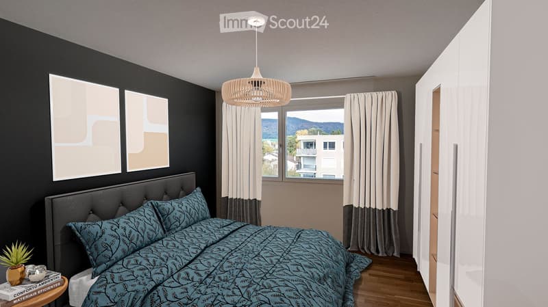 Master bedroom with black walls, wooden floor, ceiling lamp, double bed, nightstand, closet, window with curtains, city view